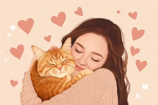 Иллюстрация счастливой девушки с рыжим котом в сердечках