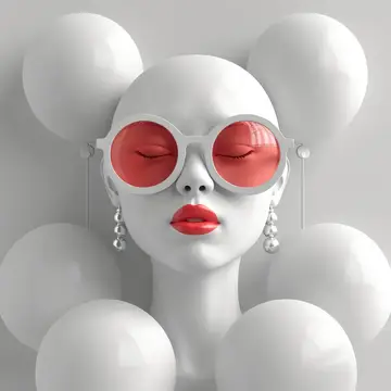 3D-рендер белого манекена в красных очках среди белых шаров