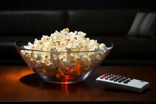 Расслабление дома с классической закуской для кино и современными развлечениями: хрустящий попкорн в деревенской миске, просмотр фильма на белом экране телевизора