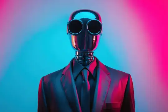 3D-рендер робота в деловом костюме на неоновом фоне