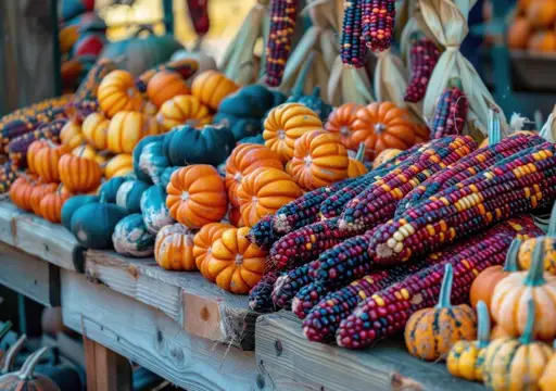 Разноцветные тыквы и кукуруза на осенней ярмарке