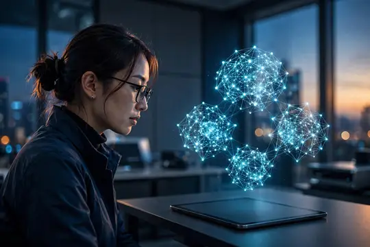 Азиатская девушка в очках смотрит на светящуюся 3D-сеть над планшетом