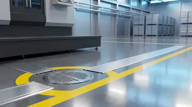 3D-рендер пустого заводского цеха с оборудованием и жёлтой разметкой