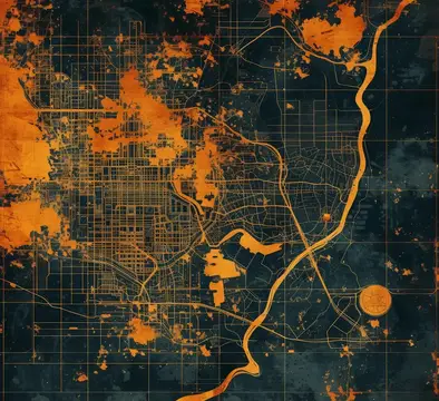 Стилизованная карта города с оранжевыми улицами и рекой