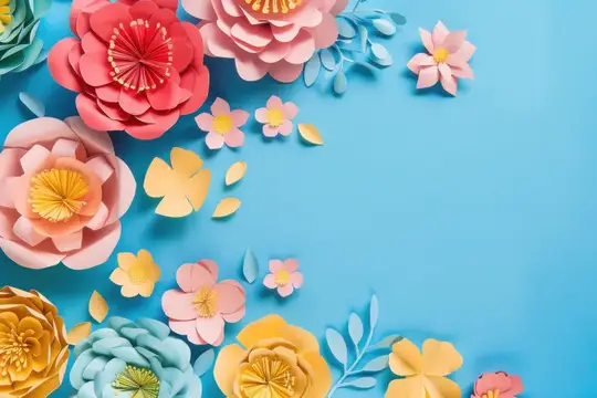 Бумажные цветы на голубом фоне с местом для текста