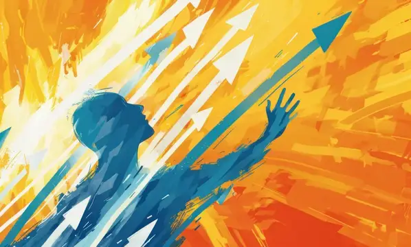 Иллюстрация мужского силуэта, тянущегося к стрелам успеха