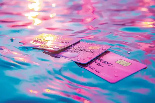 Подсвеченные кредитные карты плавают в воде, розовые и синие огни отражаются на поверхности
