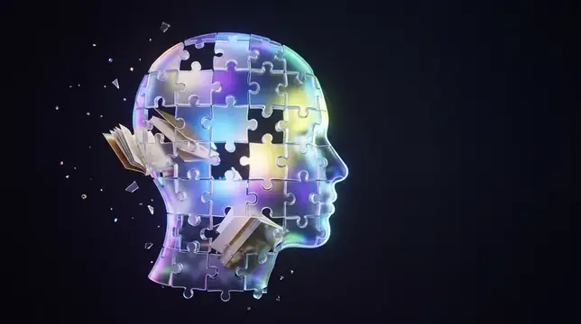 3D-рендер головы из пазлов с книгами на тёмном фоне