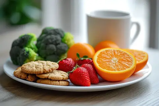 Вкусный и полезный перекус: свежий фруктовый десерт на завтрак на деревянном столе