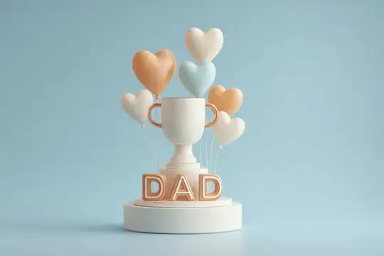 3D-рендер с белым кубком, шариками-сердцами и надписью DAD
