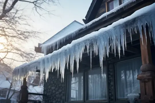 Огромные сосульки свисают с крыши заснеженного дома