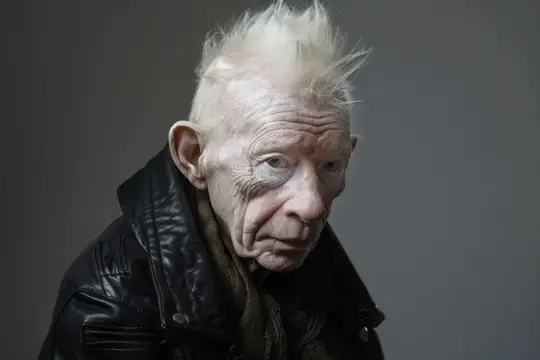 Портрет пожилого мужчины с взъерошенными белыми волосами в кожаной куртке