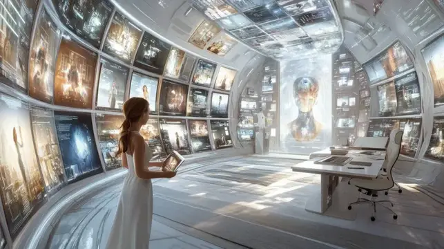 3D-рендер женщины с планшетом в футуристической комнате с экранами