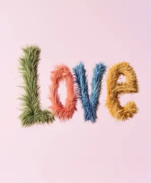 Пушистые разноцветные буквы складываются в слово love на розовом фоне