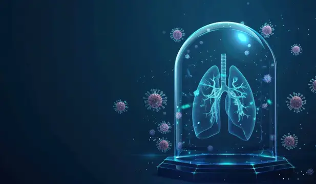 3D-рендер светящихся легких под стеклянным куполом среди вирусов