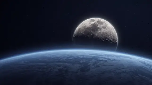 3D-рендер восхода Луны над горизонтом Земли