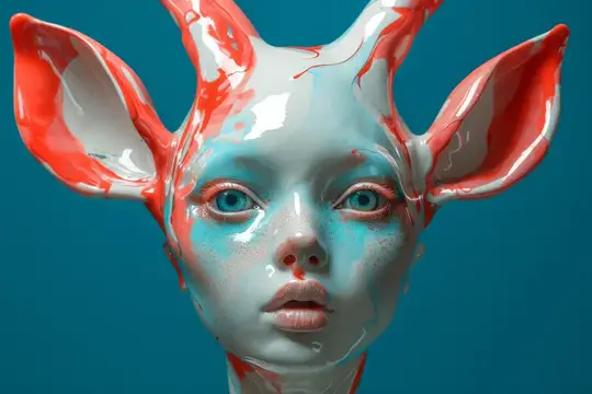 3D-рендер фантастического существа с красными ушами и голубыми глазами