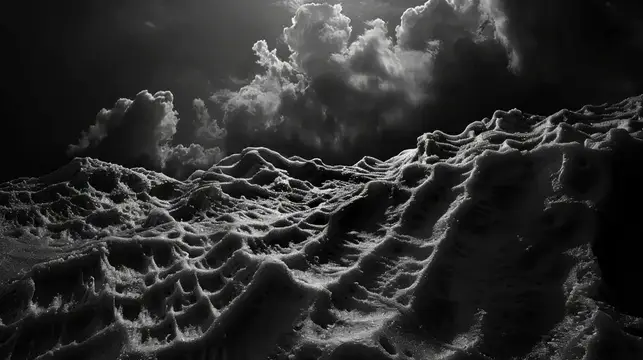 3D-рендер заснеженной горной поверхности под грозовыми облаками