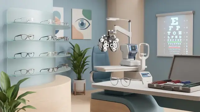 3D-рендер кабинета офтальмолога с очками и оборудованием