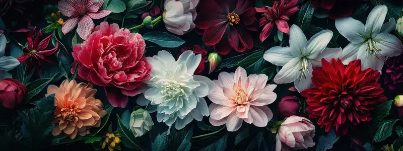 Тёмная цветочная композиция из георгинов, пионов и лилий