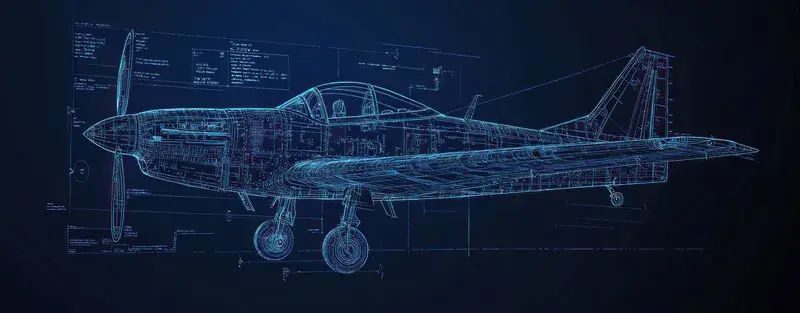 Синий технический чертеж винтового самолета сбоку