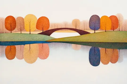Потрясающая осенняя сцена с мостом, красочными деревьями и спокойными отражениями в воде