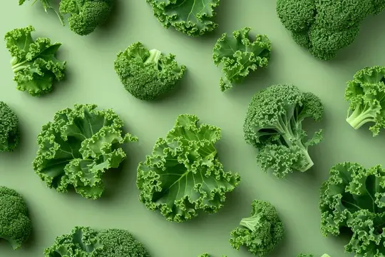 Соцветия брокколи и листья кудрявой капусты на зелёном фоне