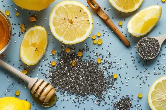 Яркие лимоны и черные семена чиа, рассыпанные на светло-голубой поверхности с медом и ложкой, создают концепцию яркой здоровой пищи