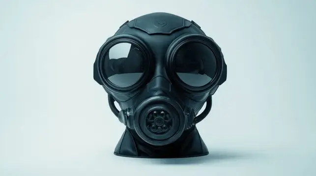 Черный противогаз с большими круглыми стеклами на светлом фоне