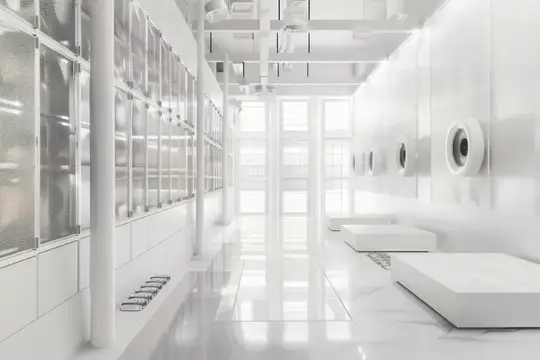 3D-рендер светлого футуристического коридора с белыми стенами и скамьями