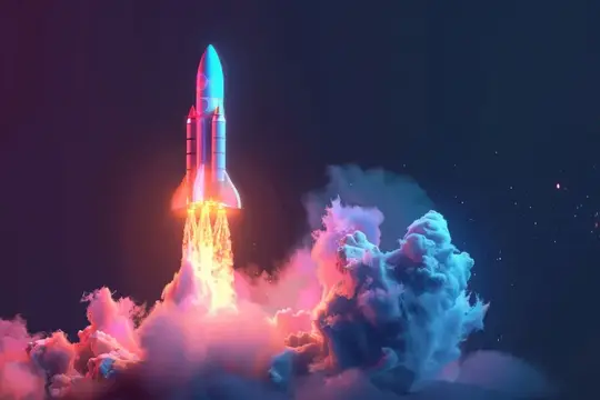 3D-рендер взлетающей ракеты в неоновых облаках