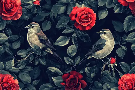 Иллюстрация с двумя птицами и красными розами на тёмном фоне