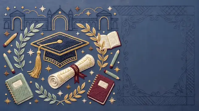 Иллюстрация с академической шапочкой, дипломом и книгами на синем фоне