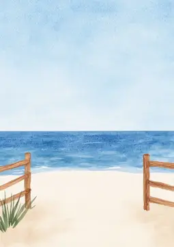 Акварельный пейзаж с песчаным пляжем, морем и деревянными ограждениями