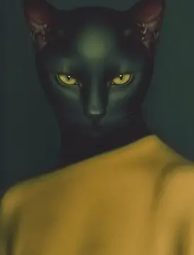 Завораживающая черная кошка с яркими зелеными глазами, одетая в желтое одеяние, излучающая ауру элегантности и таинственности на темном фоне, идеально подходит для уникальных проектов, связанных с…