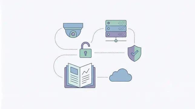 Иллюстрация схемы защиты данных с камерой, сервером и облаком