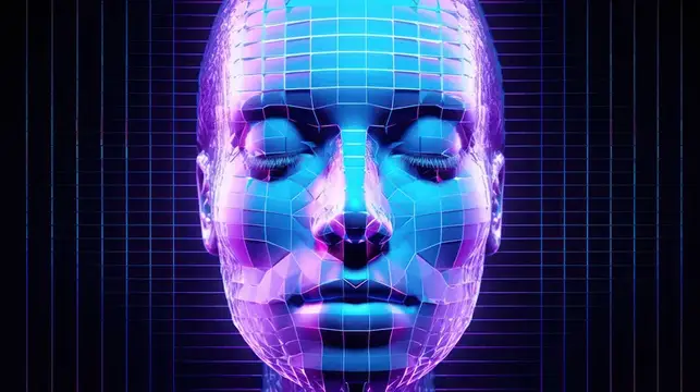 3D-рендер цифрового лица с закрытыми глазами в неоновом свете