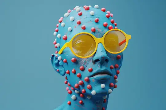 3D-рендер синего лица с красными и белыми шариками в желтых очках