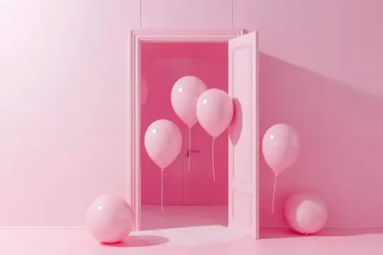 3D-рендер с розовыми шарами в дверном проёме