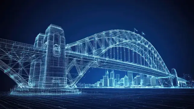 3D-рендер светящегося каркаса моста над ночным городом