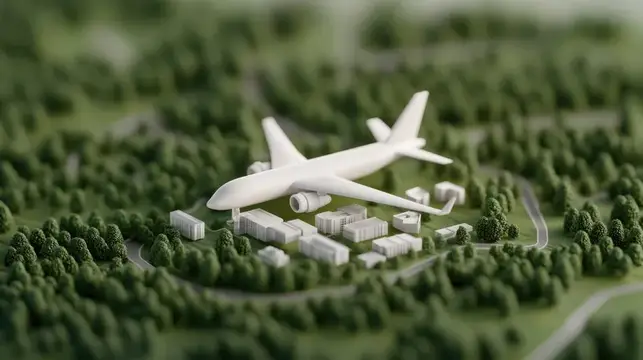 3D-рендер белого самолёта над миниатюрным городом в зелёном лесу