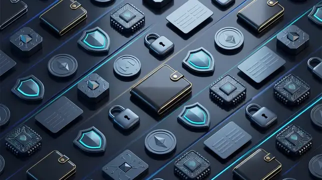 3D-рендер цифровых щитов, замков и чипов на тёмном фоне