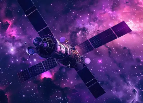 3D-рендер космической станции с солнечными панелями в фиолетовой туманности