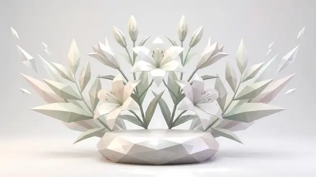 Центрированные лилии в стиле low poly с акцентами из жемчужных камней, подходящие для люксового флористического брендинга, упаковки и редакционных заголовков