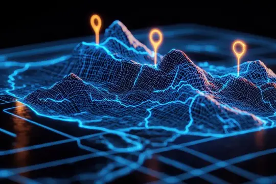 3D-рендер цифровой карты гор с оранжевыми метками