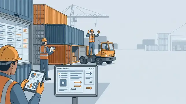Редакционная иллюстрация контейнерного грузового двора с рабочими, инструментами для отправки и организованной логистической деятельностью