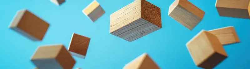 3D-рендер с летящими деревянными кубиками на голубом фоне