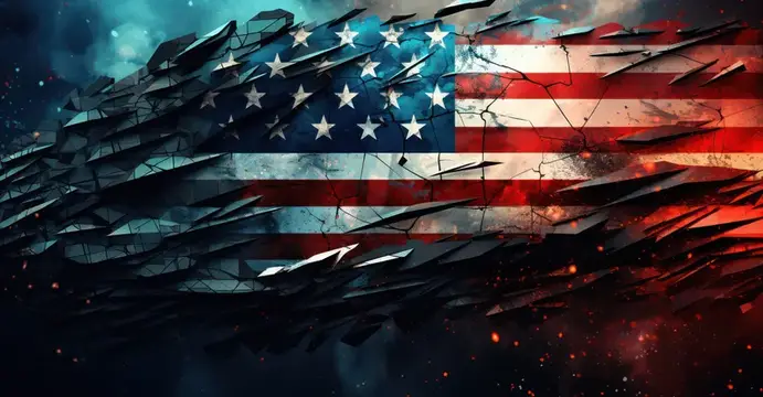 Разрушенный флаг США с трещинами и осколками на тёмном фоне