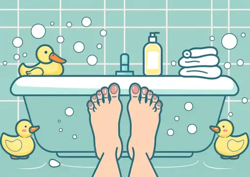 Иллюстрация с ногами в пенной ванне и резиновыми утятами