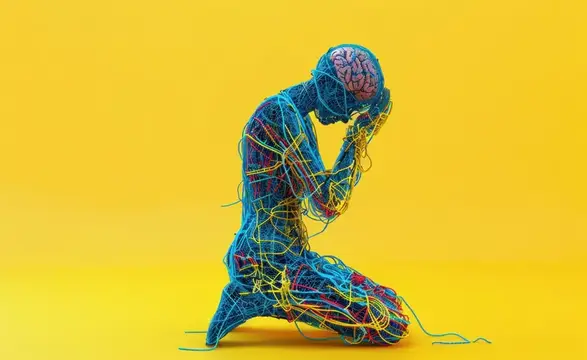 3D-рендер молящегося человека из разноцветных проводов с мозгом